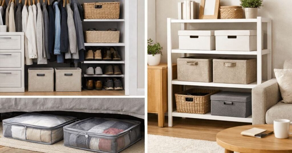 Storage bins organizing a small apartment bedroom and closet